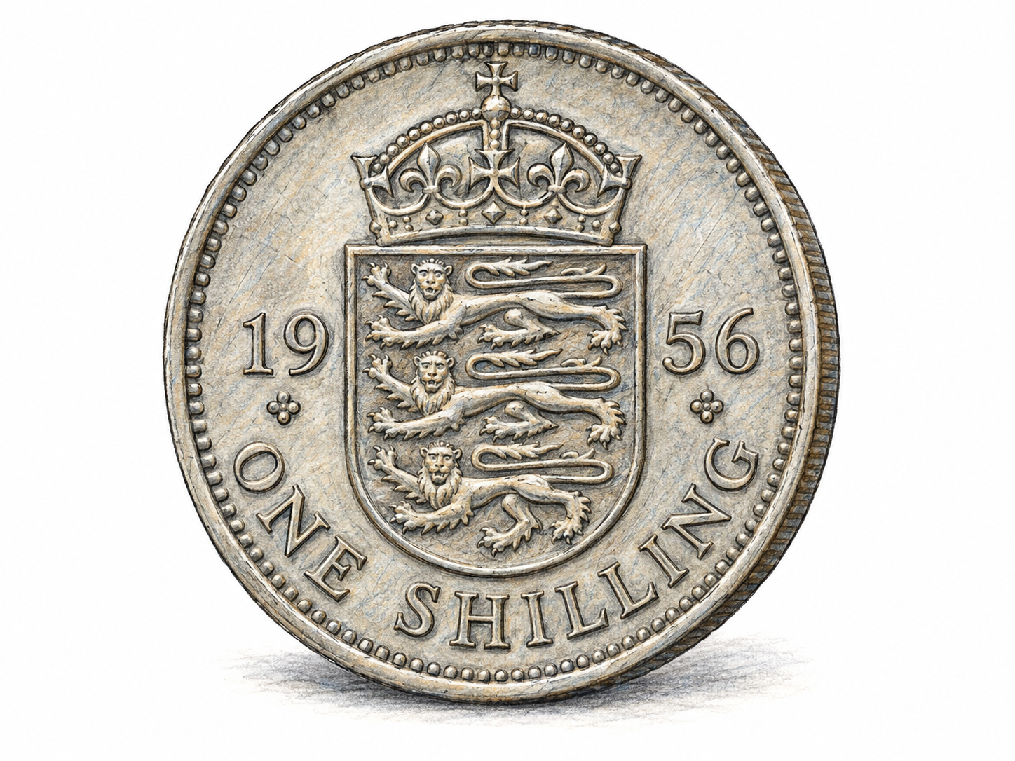 An enlarged reverse view of a pre-decimal British one-shilling coin, showing its crowned three-lion shield and intrinsic denomination.