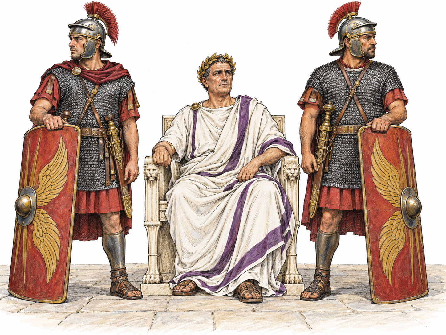 Two Roman imperial guards form a close protective flank around a seated emperor, their outward vigilance and interposed shields making their elite bodyguard role visible.