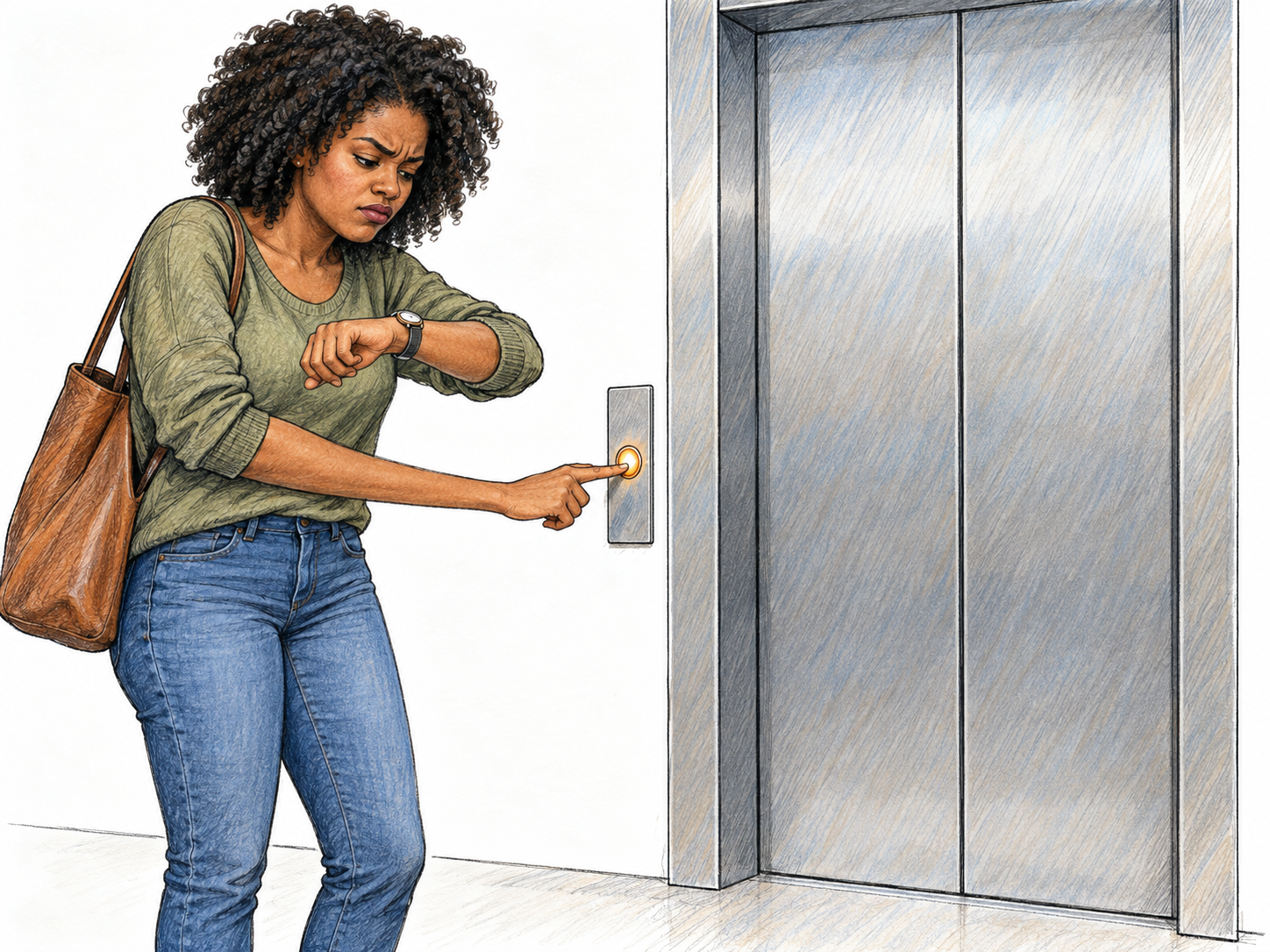 A woman waiting for an elevator repeatedly presses its call button while checking her wristwatch, her tense face and forward-leaning posture showing annoyance at the delay.