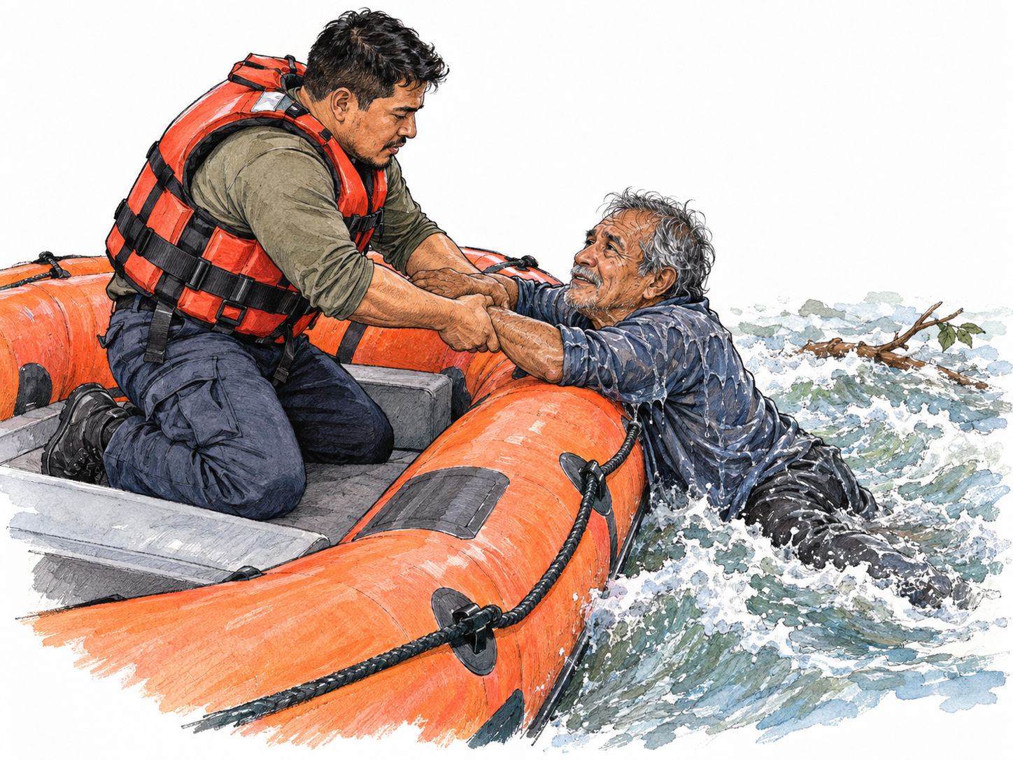 A young rescuer pulls an older man from dangerous floodwater into a rescue boat, visibly carrying him from peril to safety.