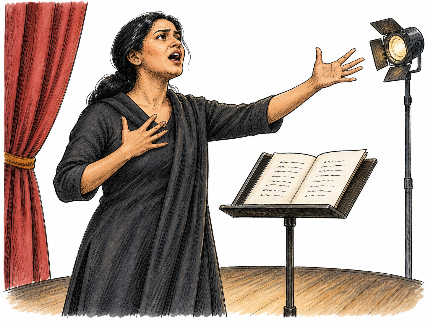 An actor speaks forcefully and dramatically from a small stage with an open script of abstract ink strokes; projected voice and theatrical gesture, no readable prose.
