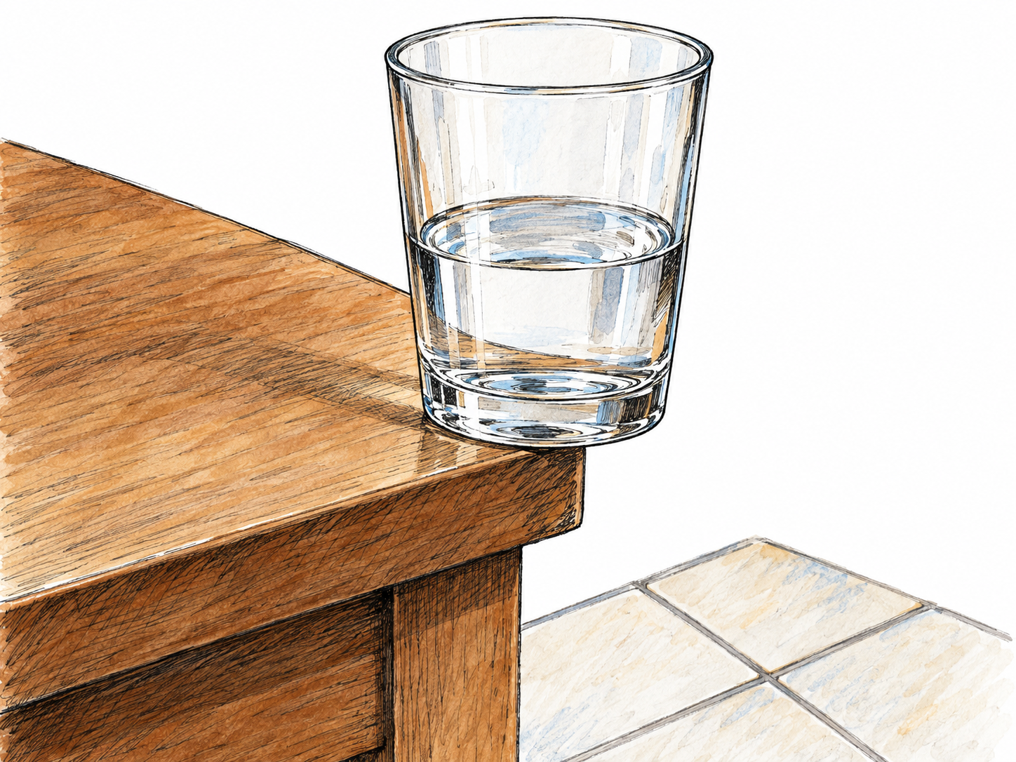 An intact drinking glass stands precariously at the edge of a table, most of its base projecting over the edge above a hard tile floor.