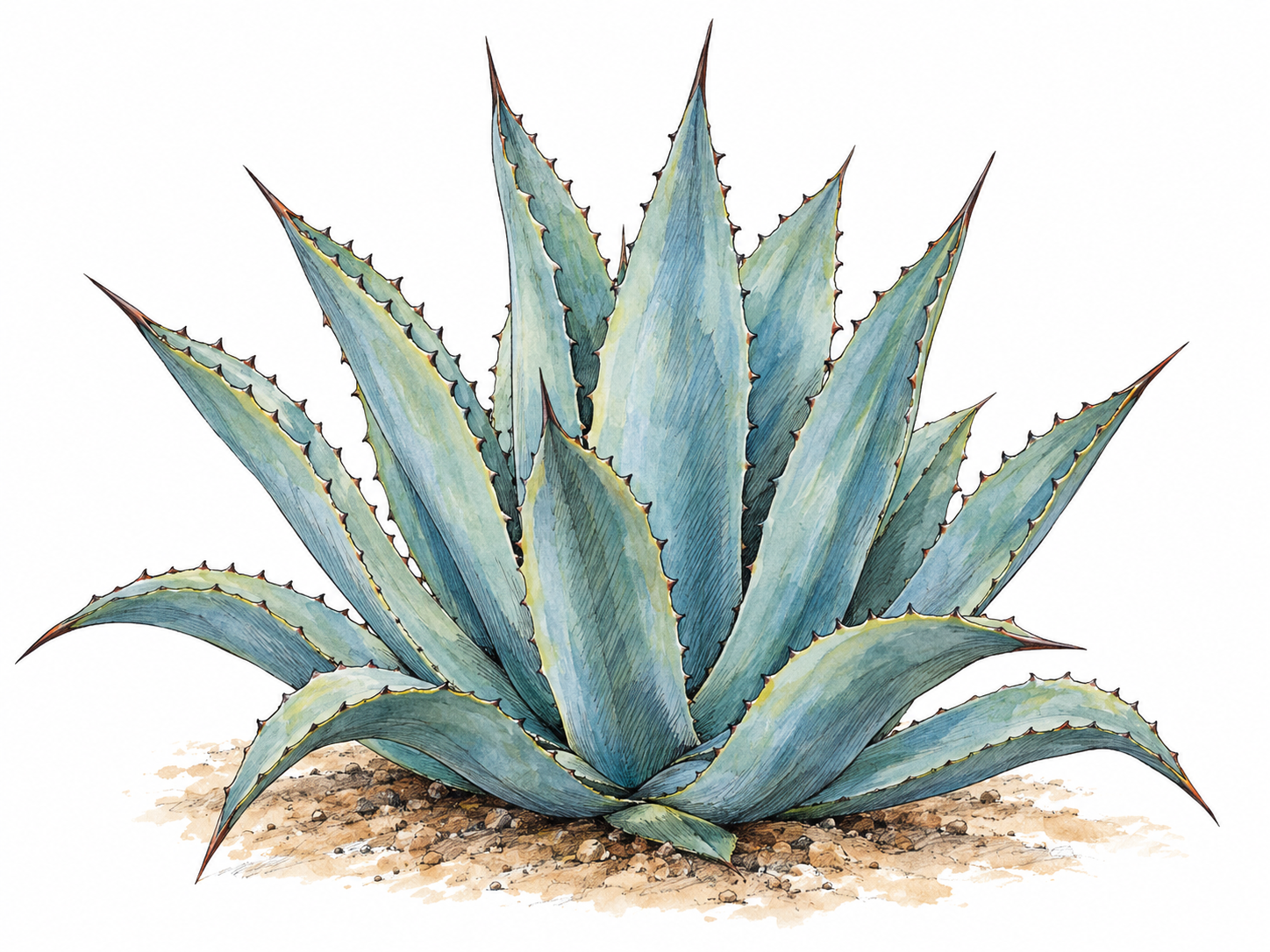 A single mature blue agave plant with a dense basal rosette of thick, pointed blue-green leaves, shown growing in a small patch of dry earth.