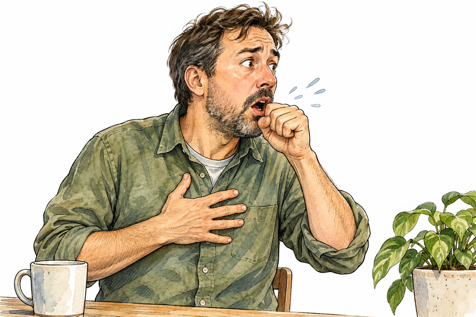 A surprised adult trying to speak while coughing slightly, tiny breath bursts shown as small abstract marks near mouth, no words or speech bubble.