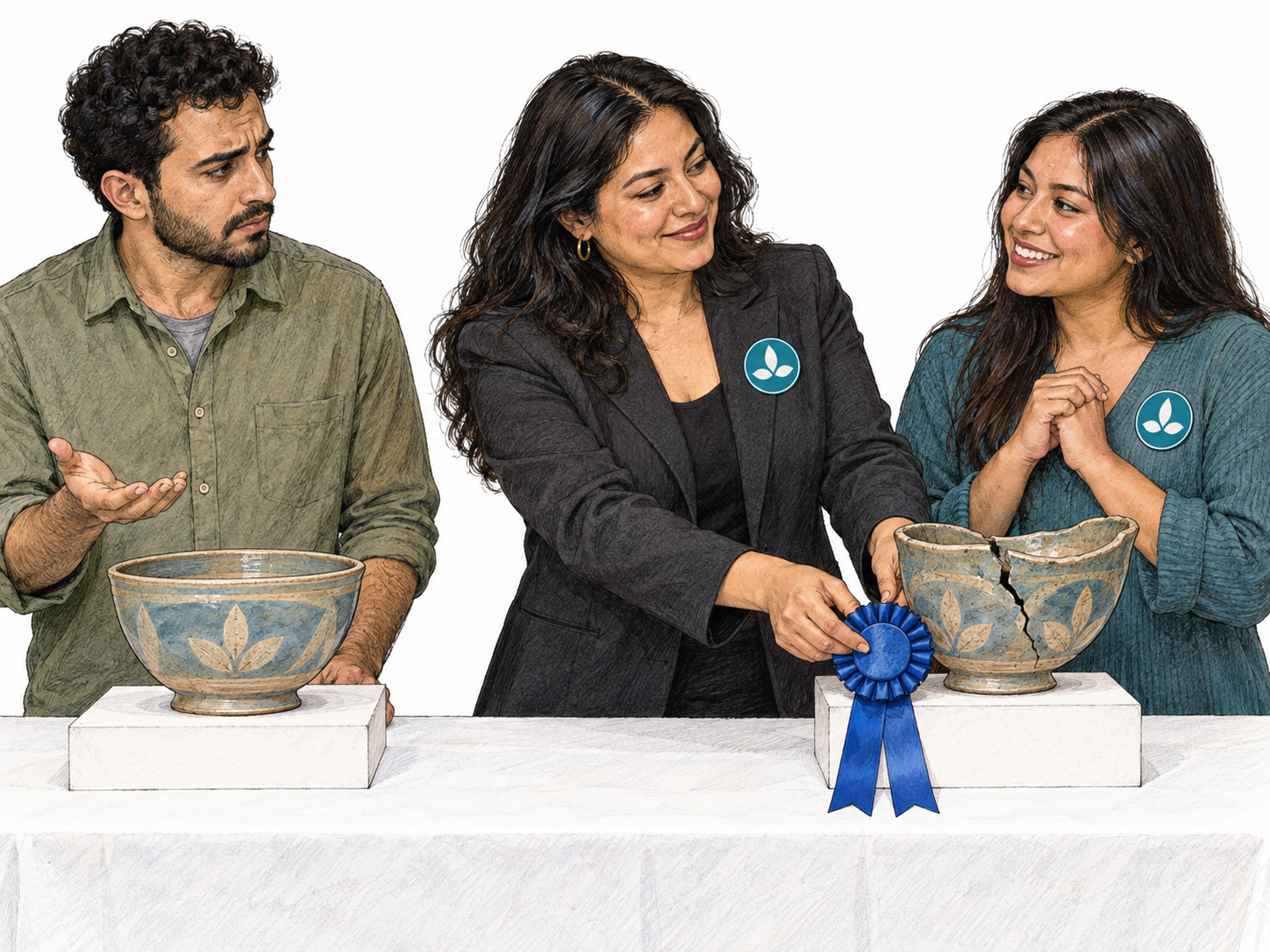 A pottery-contest judge awards the prize to a visibly cracked, lopsided bowl made by a contestant wearing her own club emblem, passing over another contestant's sound, well-made bowl.