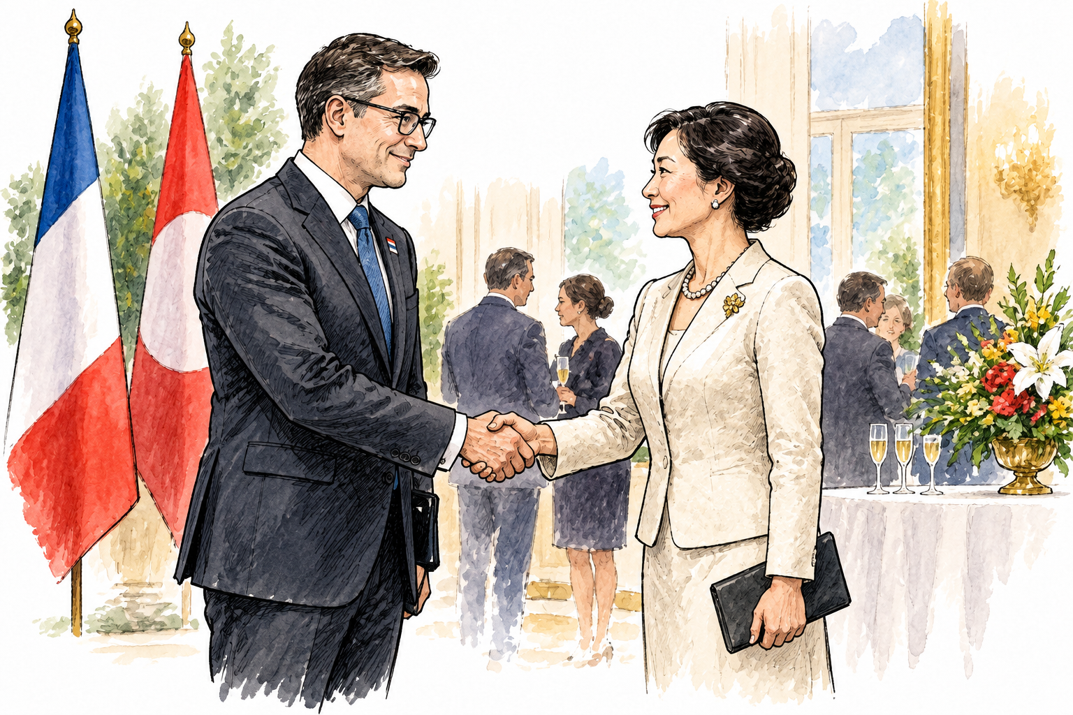 Modern ambassador formally greets foreign official at diplomatic reception, restrained national flags without writing, professional attire.