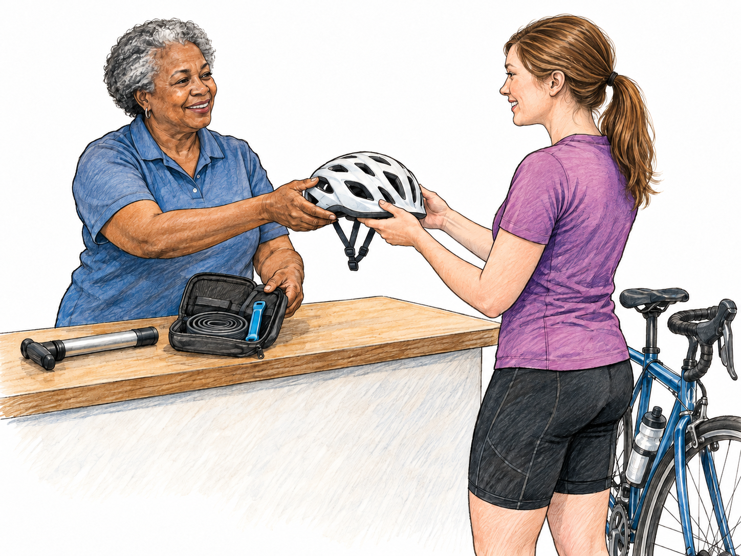 An equipment attendant outfits a young adult for bicycle riding, handing her a helmet beside a bicycle while supplying a compact repair kit.
