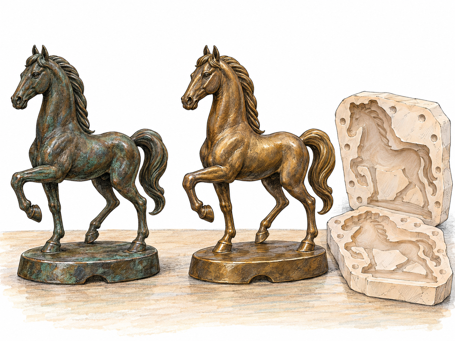 An aged horse statuette and its newly cast replica stand side by side, matching in size, pose, mane details and base shape.