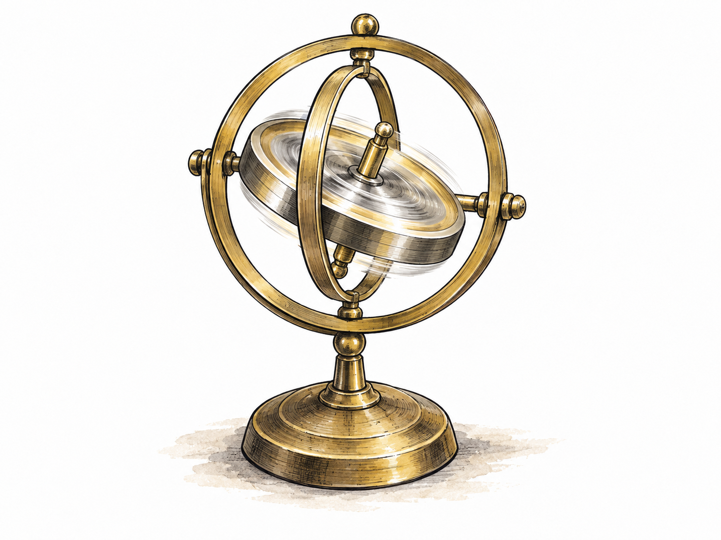 A classical brass gyroscope with rapidly spinning central rotor held within two perpendicular gimbal rings on a small stand; precise readable mechanical structure, no labels.