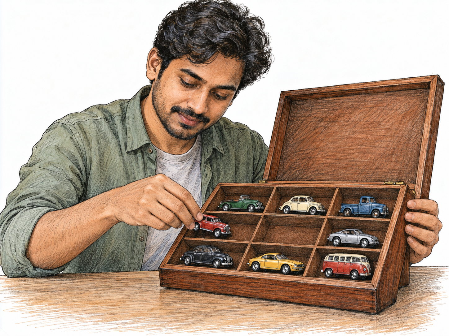 A hobby collector carefully places a vintage toy car into the last open compartment of a display case containing an orderly collection of different miniature cars.