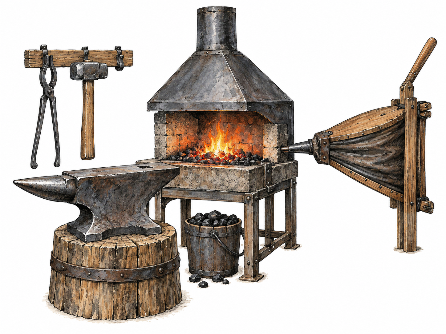 Compact smithy workshop cutaway with anvil, bellows forge, tongs and hammer hung on tiny rack, no people; only defining tools and hearth, open white background without full room walls.