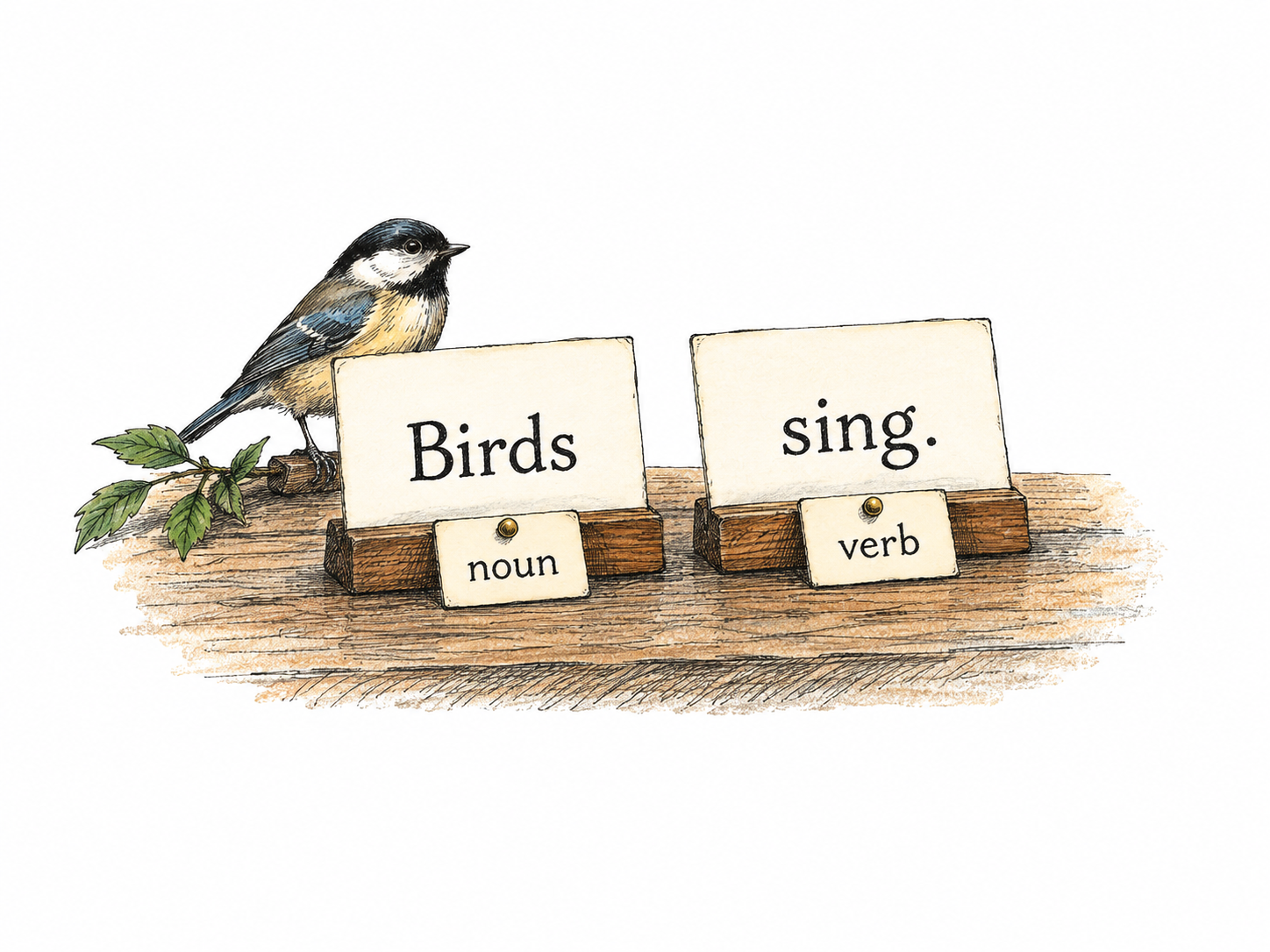 Simple language-analysis still life: sentence card Birds sing.