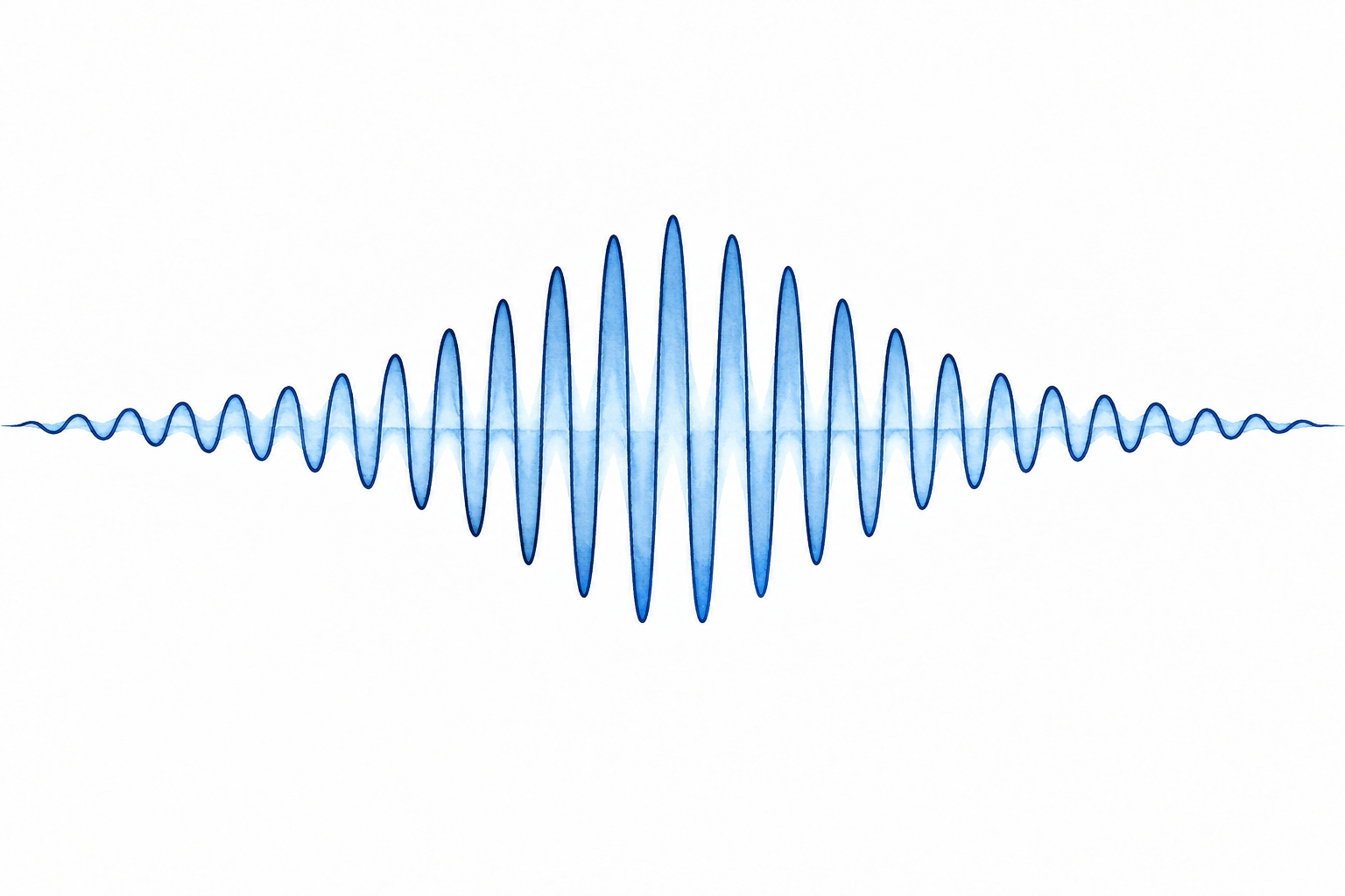 A clean diagram of one continuous sound wave gradually increasing then decreasing amplitude, natural ink and blue wash, no arbitrary symbols.