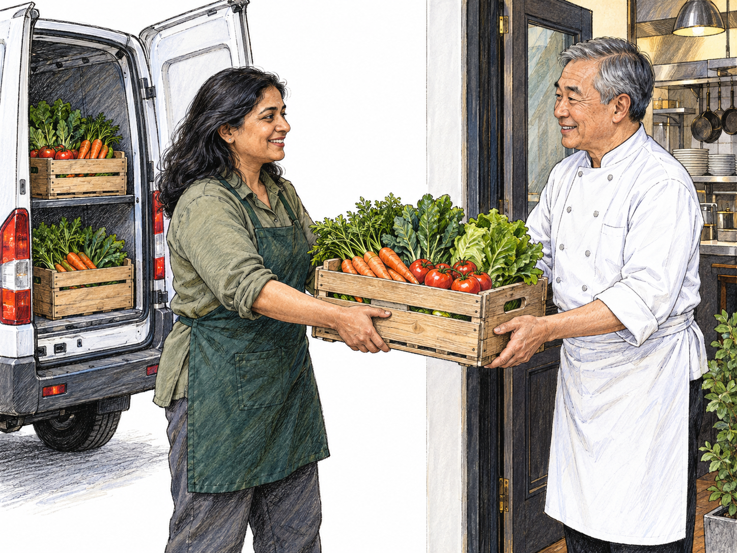 A produce supplier hands a crate of fresh vegetables to a restaurant chef beside her open delivery van, with matching stocked crates visibly ready for delivery.