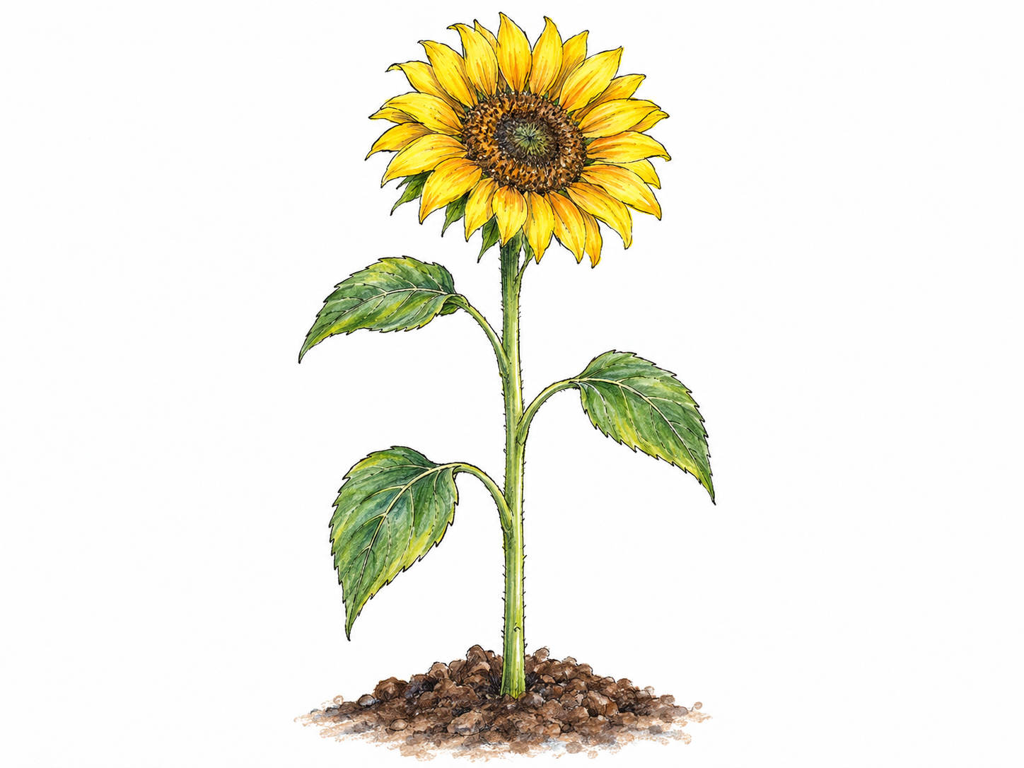 A single upright young sunflower plant with a clearly visible main green stalk supporting several leaves and one flower, emerging from a small patch of soil.