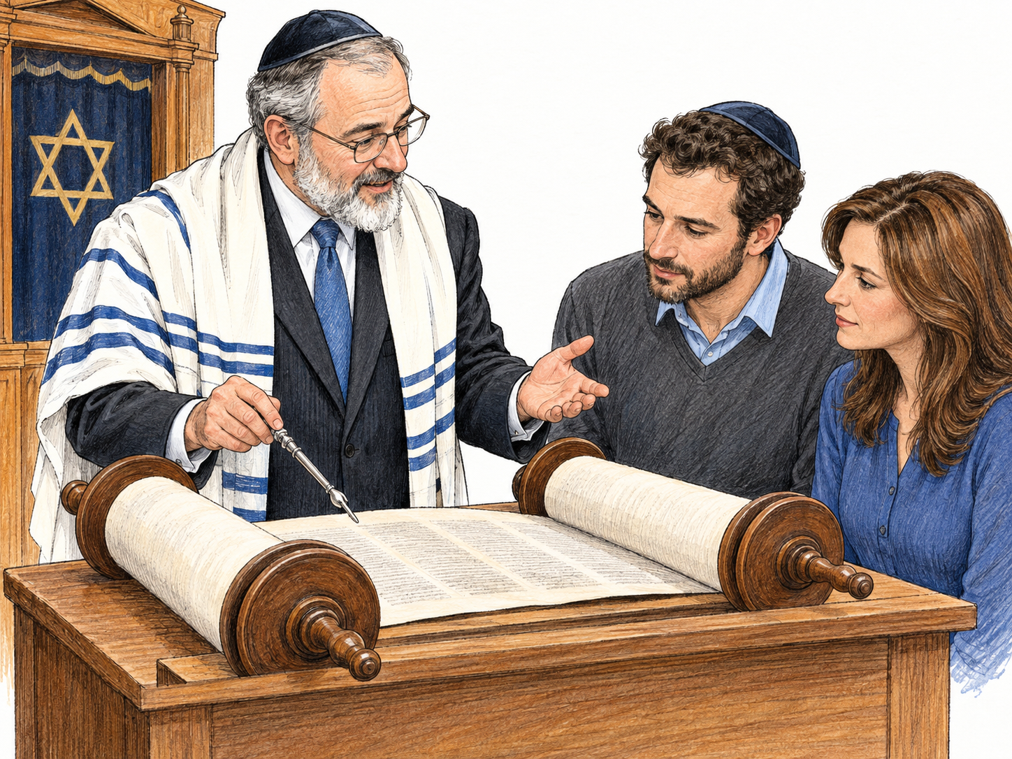 A rabbi teaches two adult congregants beside an open Torah scroll in a synagogue, using a Torah pointer while they attentively follow his instruction.