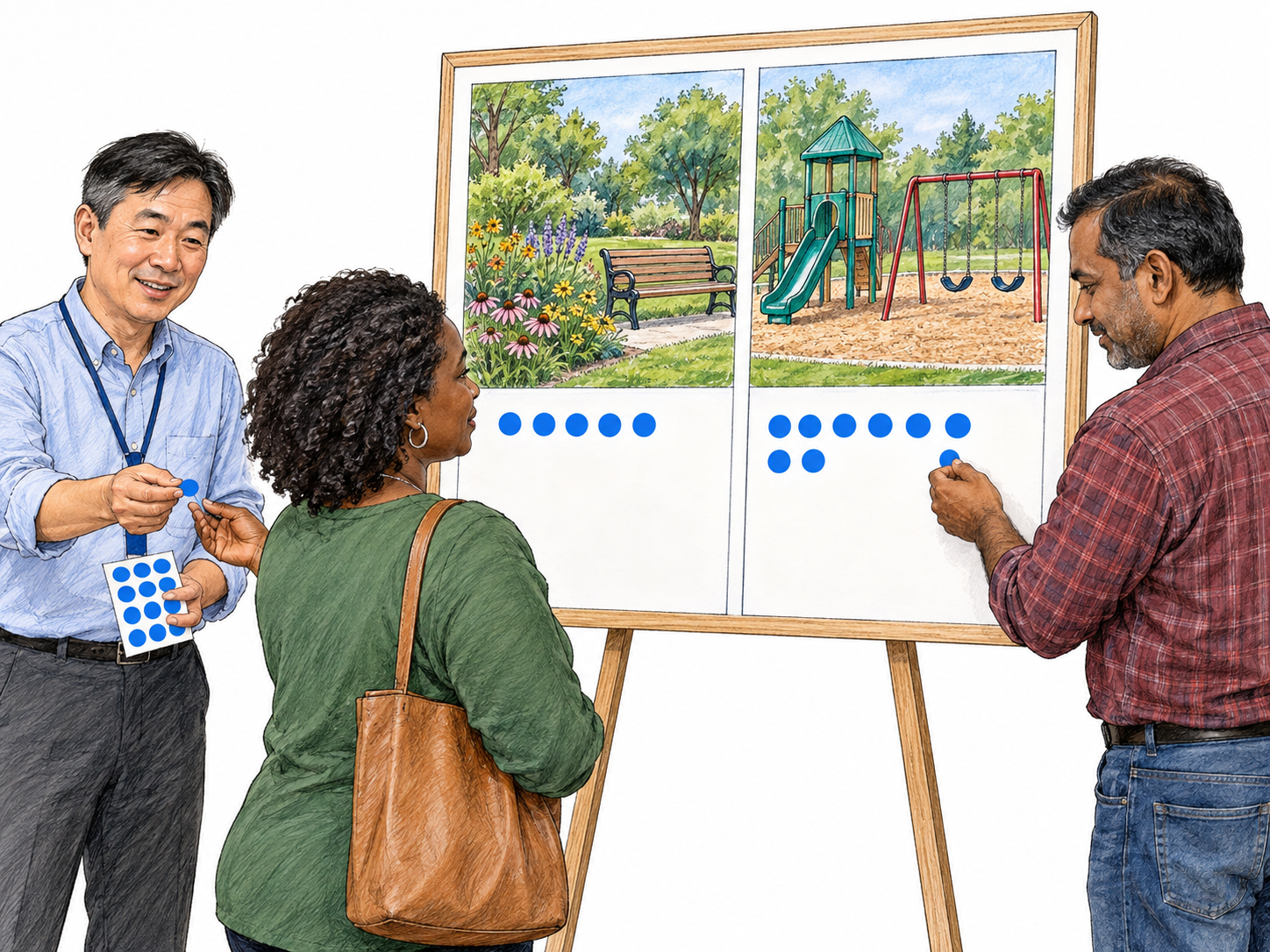 A community preference poll uses dot voting to collect opinions about two proposed uses for a small park.