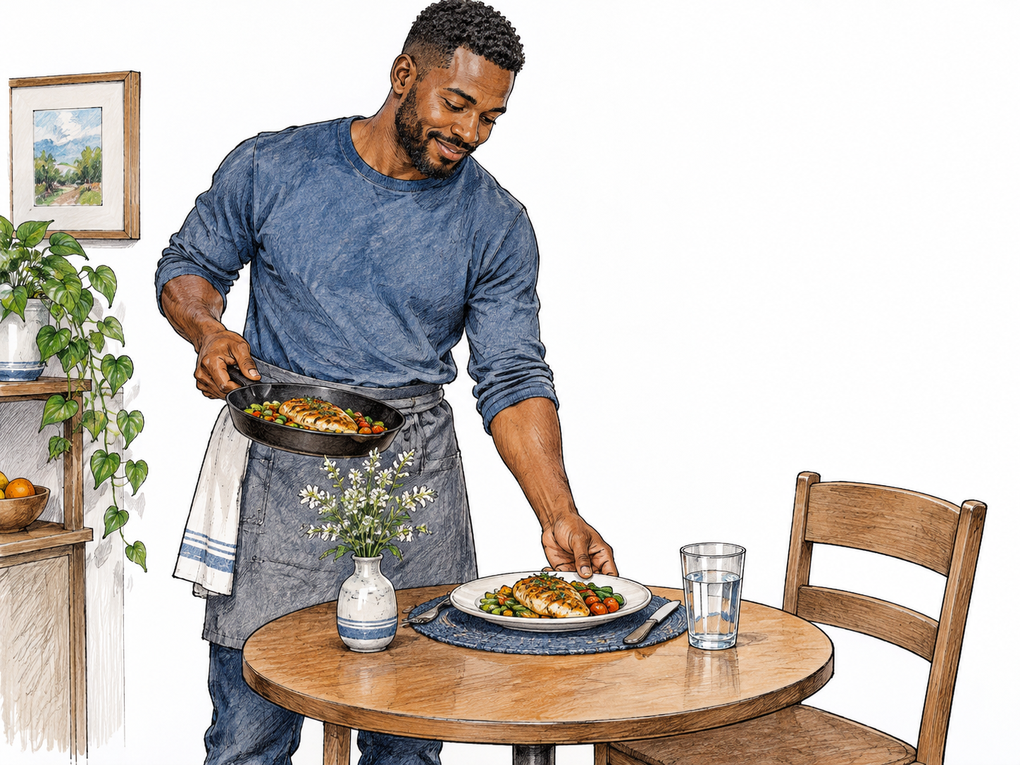 An adult man contentedly prepares a single place setting and meal in his own small dining nook, one chair and a plain unringed hand visible; no caricature of loneliness or slogans.