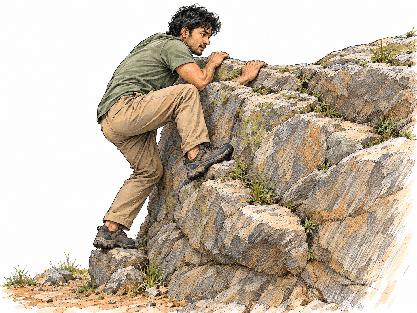 A young man awkwardly scrambles up a low, irregular rock ledge, gripping the upper edge with both hands while his widely bent legs search for uneven footholds.