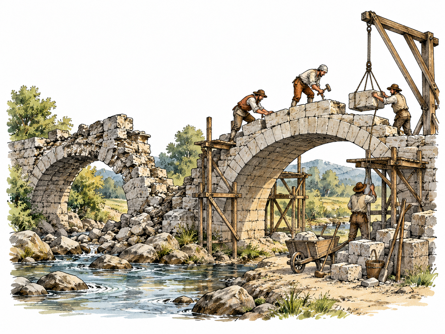 Workers rebuild a damaged stone bridge, intact new arch alongside original remnants.