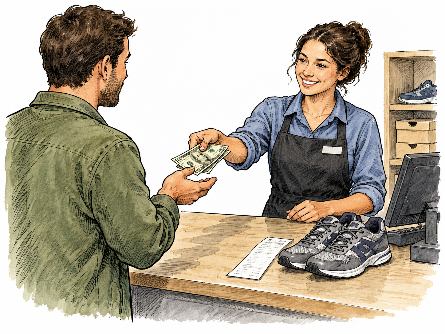 Cashier returns money to customer beside returned shoes and receipt.