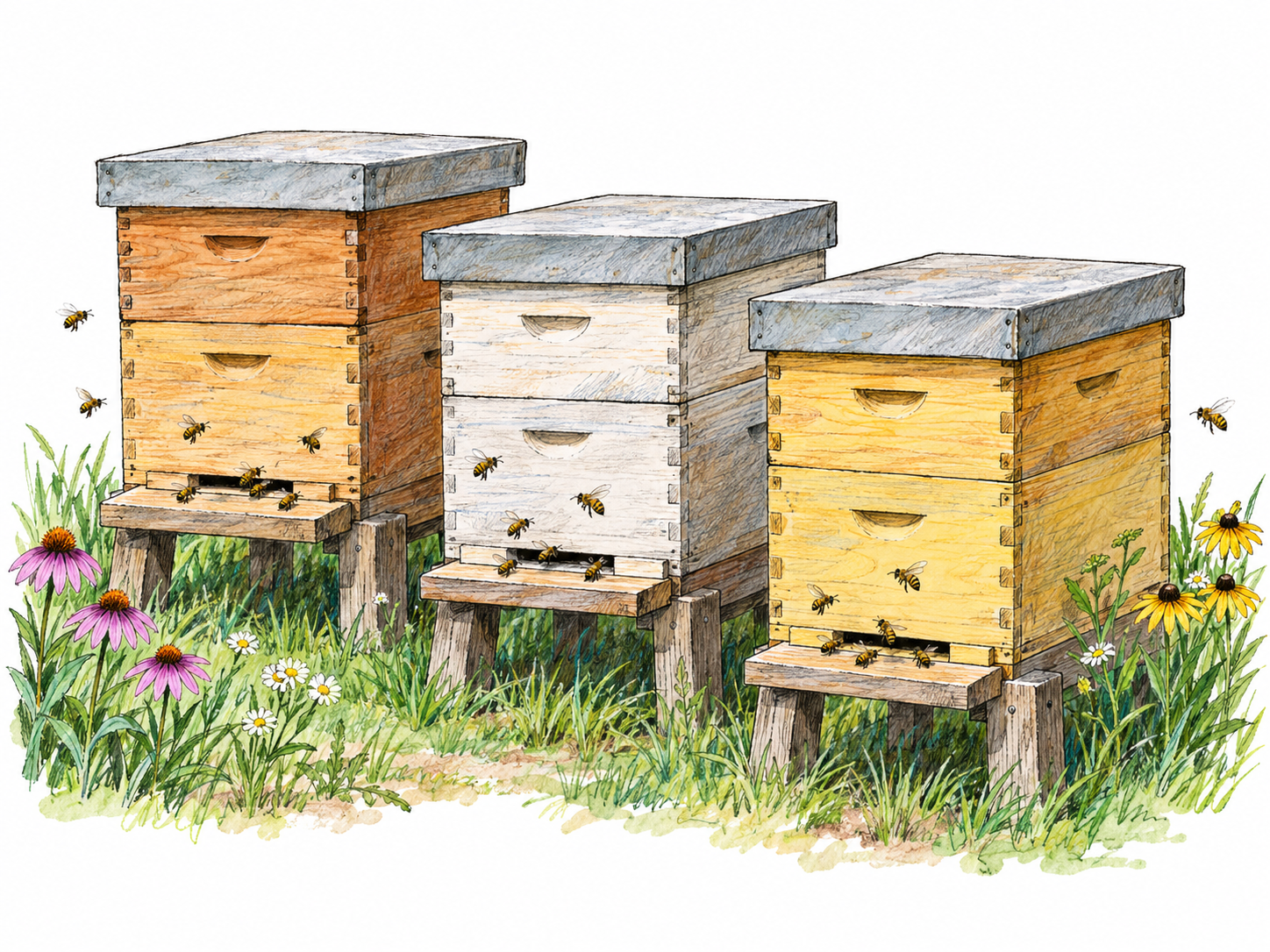 Three wooden beehives on low stands in a small, orderly outdoor apiary, with a few bees flying near the hive entrances and a sparse patch of flowering plants nearby.