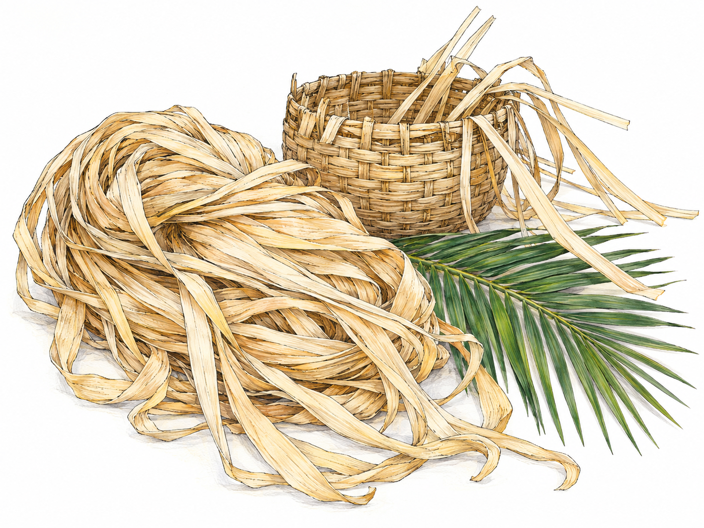 A close-up still life of pale, ribbonlike raffia fibers beside a palm leaflet and a partially woven basket, with loose fibers visibly continuing into the basket weave.