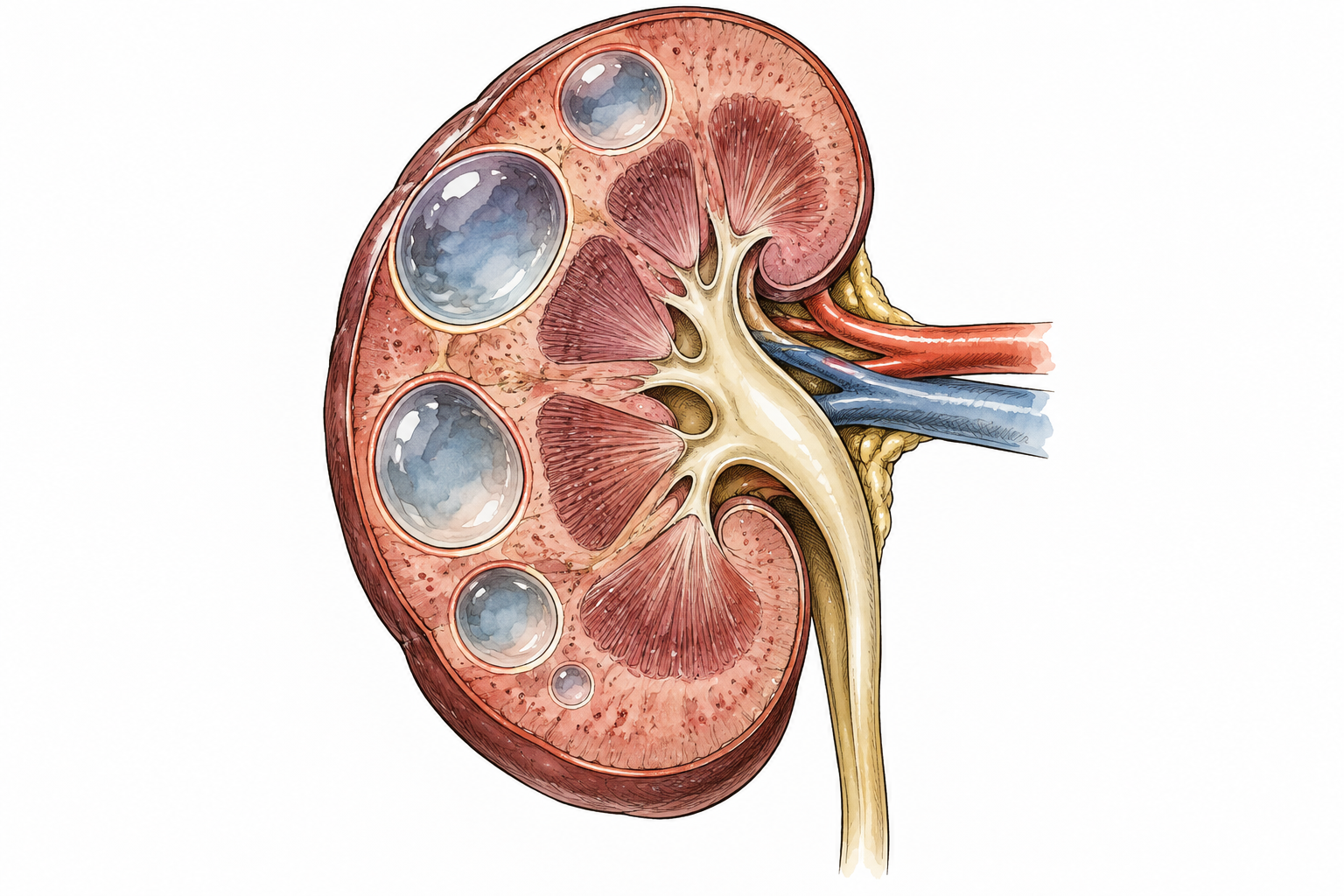 Neutral medical cross-section of kidney containing several rounded fluid-filled cysts visibly distinct from normal tissue, non-graphic educational anatomy, no text.