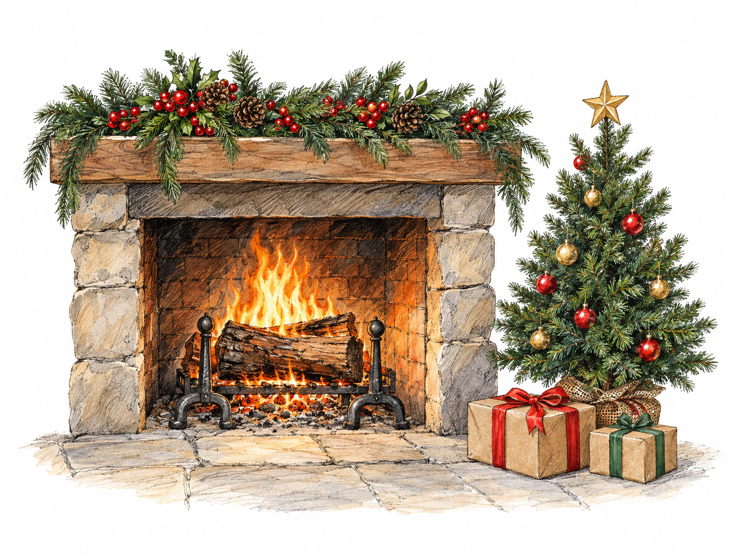 A small decorated Christmas tree beside a hearth burning a substantial Yule log, with evergreen garlands and wrapped gifts, depicts the Christmas-season sense without inventing an ancient ritual.