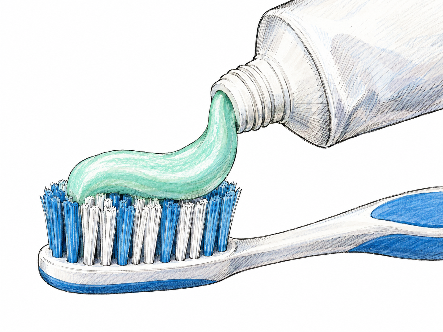 A close-up of a plain toothpaste tube with a small ribbon of paste extending from its open nozzle onto the bristles of a toothbrush, making the tooth-cleaning substance the focal point.