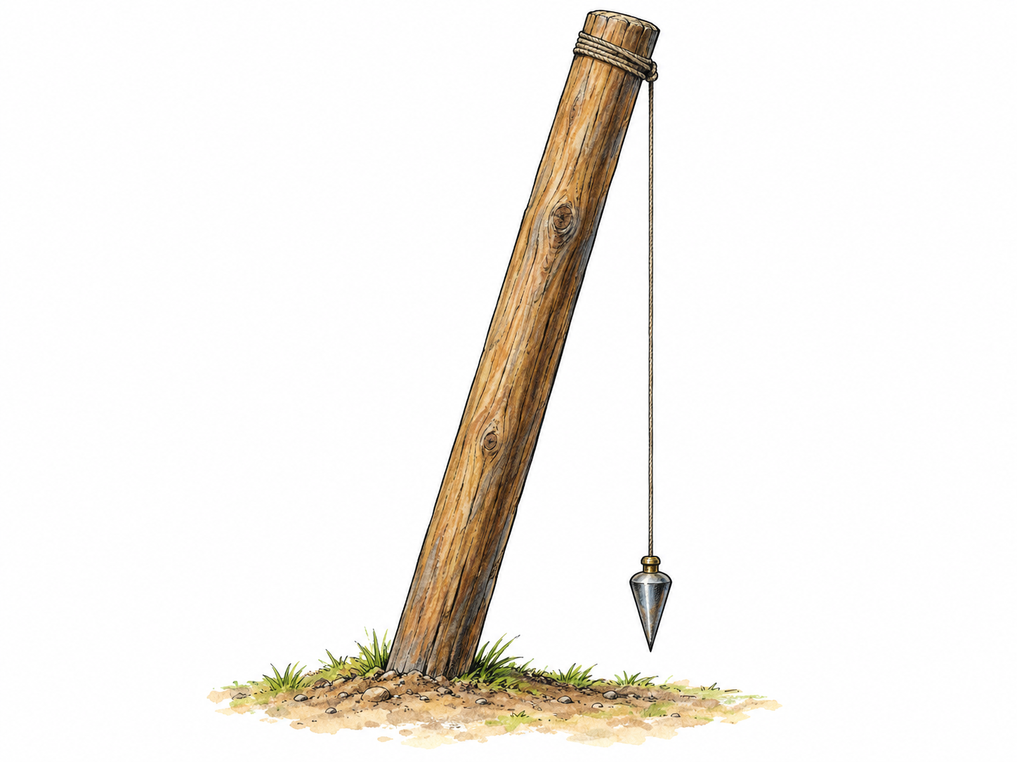 A straight wooden post set distinctly askew in level ground, with a plumb line hanging vertically from its top to make the post’s slant immediately visible.