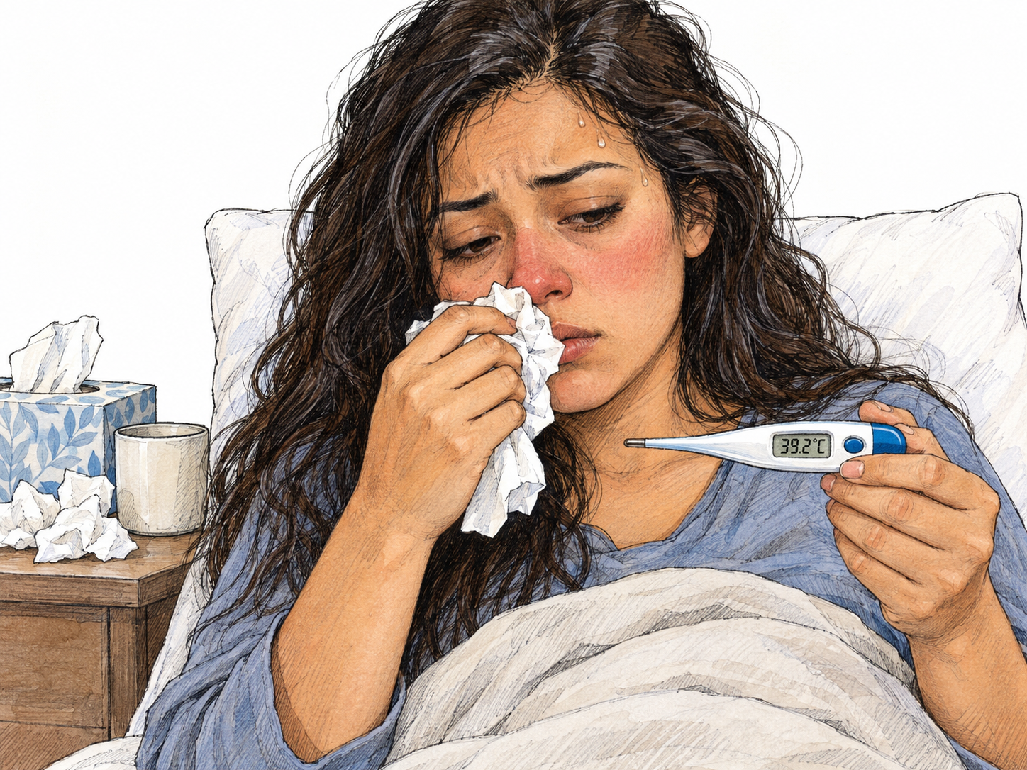 A visibly feverish young woman sits propped up in bed, holding a tissue beneath her reddened nose and checking a thermometer showing a high temperature.