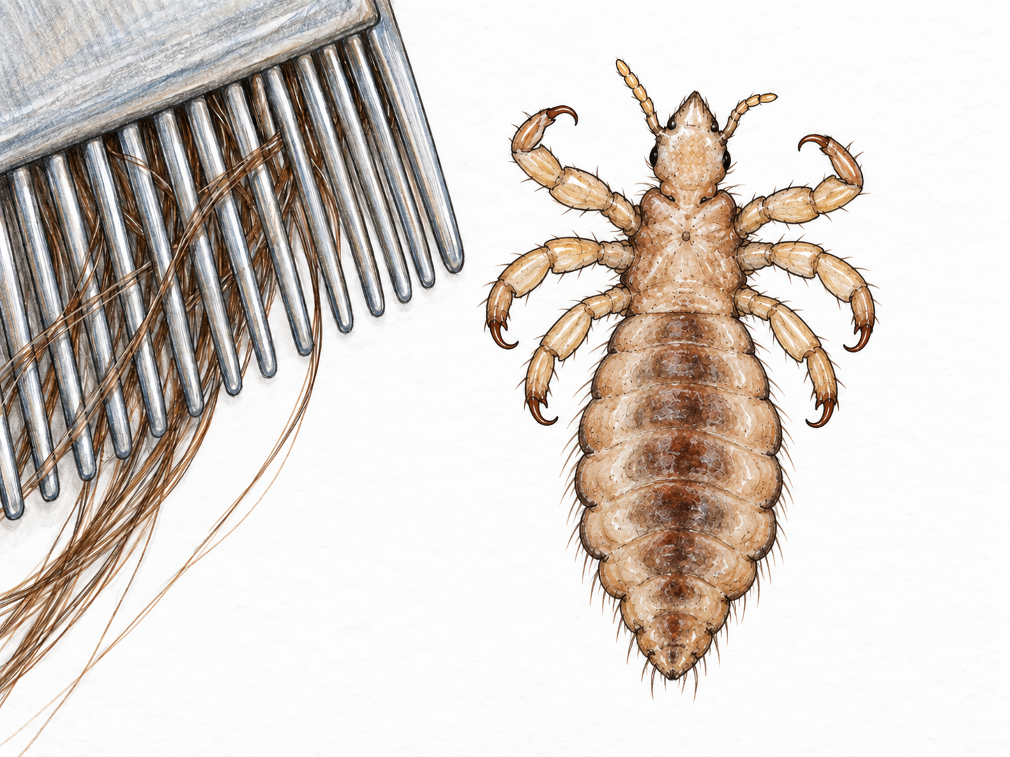 A magnified head louse freshly caught on a fine-toothed lice comb, with its entire six-legged body exposed in an open gap beside the teeth.