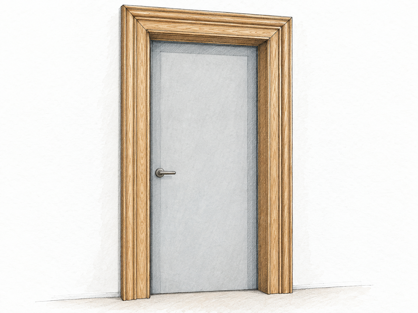 A plain doorway surrounded by a prominently molded wooden frame, with continuous stepped profiles along both uprights and the top and clearly visible mitered upper corners.