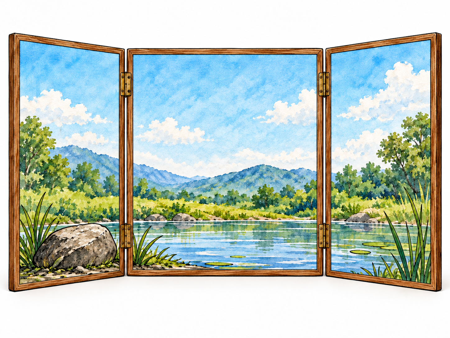 A physical three-panel hinged artwork stands open, with one coherent painted landscape spanning all three distinct panels.