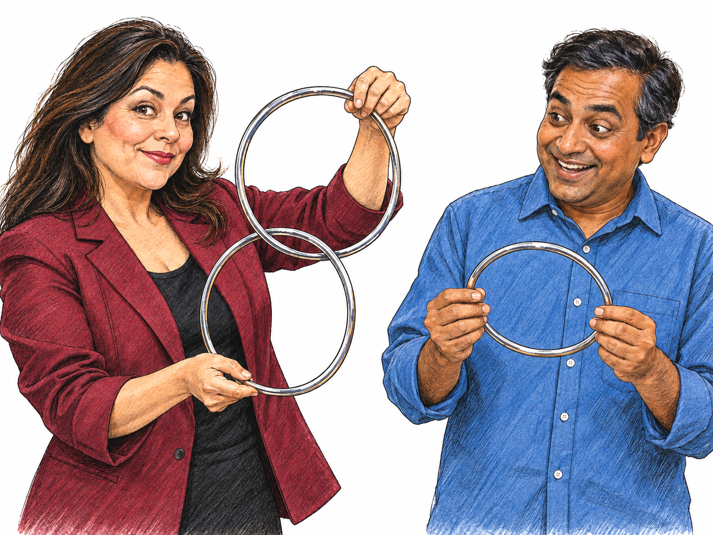 A magician performs a linked-ring trick, holding two visibly interlocked solid metal hoops while an amused spectator examines a separate matching hoop.