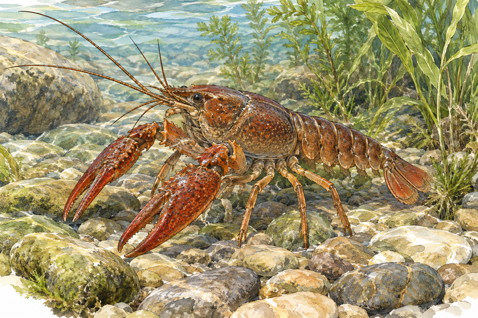 A realistic red-brown crawfish in shallow freshwater among smooth pebbles and aquatic plants, side three-quarter close view shows two claws, segmented abdomen, fan tail, long antennae and four pairs of walking legs.