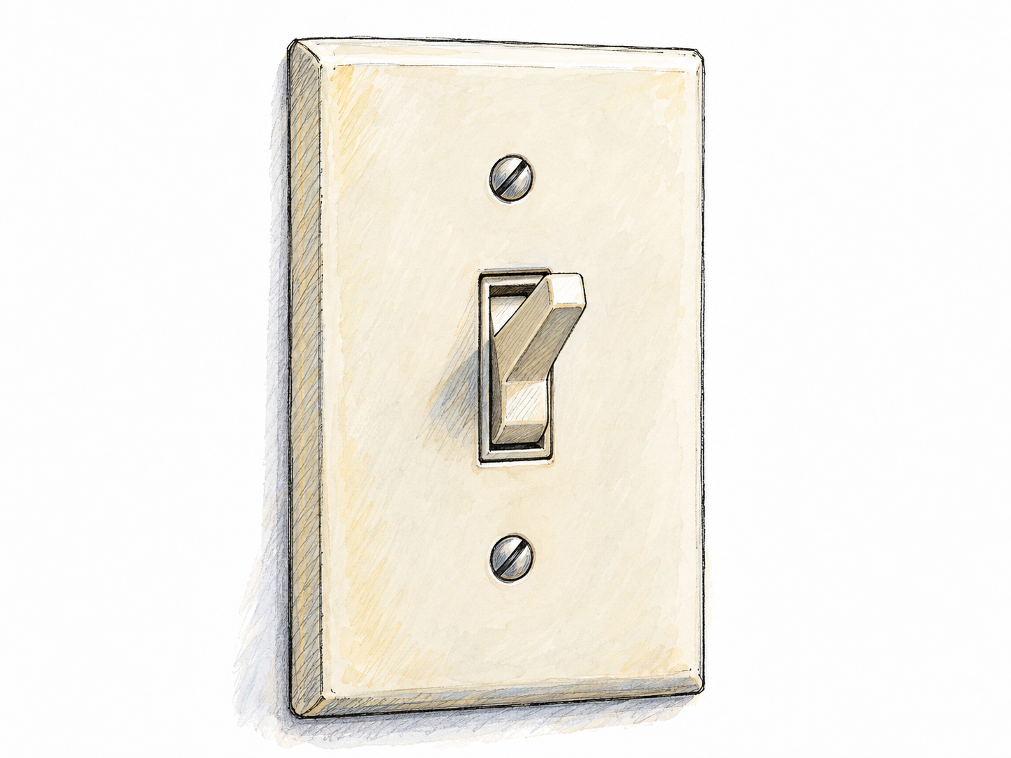 A close-up of a recognizable household light-switch plate, with a projecting toggle and visible mounting screws.