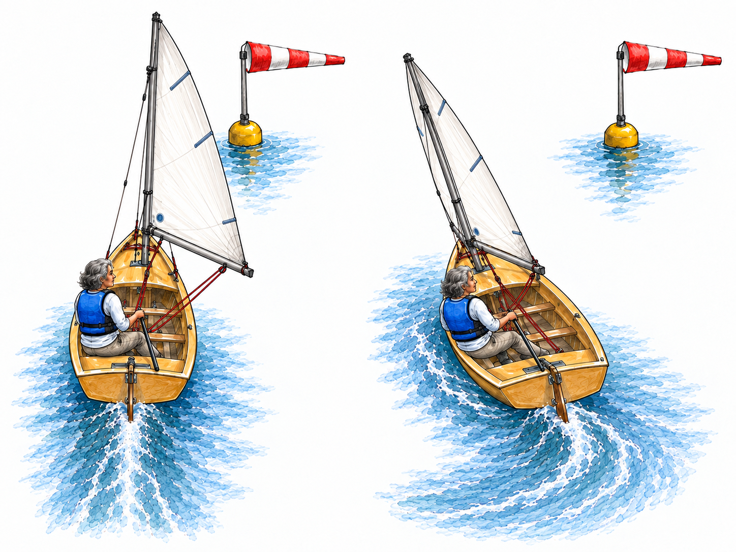 A compact two-moment comparison shows the same dinghy changing from a crosswind heading to a heading closer toward the wind.