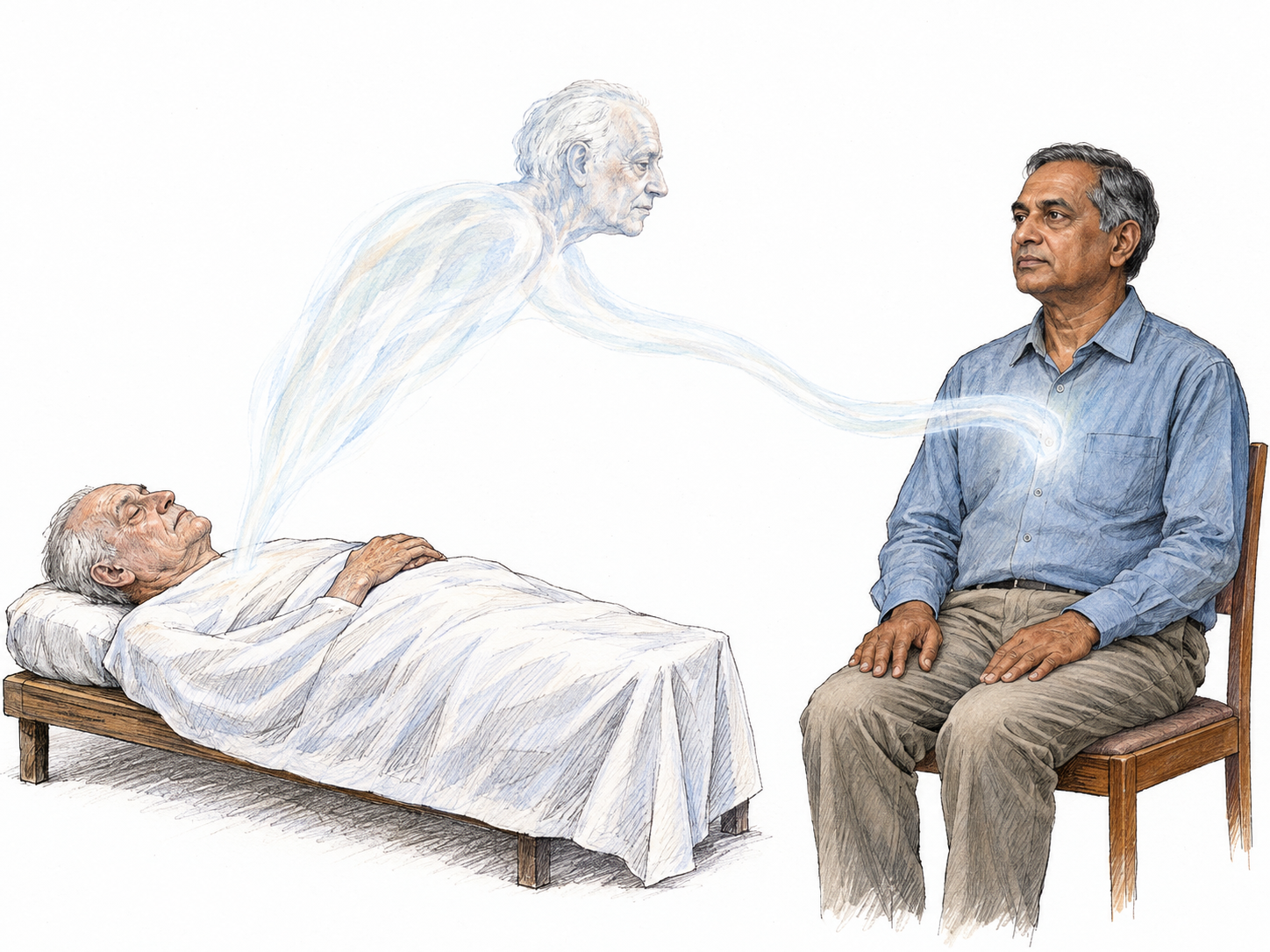A symbolic soul passes from a visibly deceased man into a second, living man's body.
