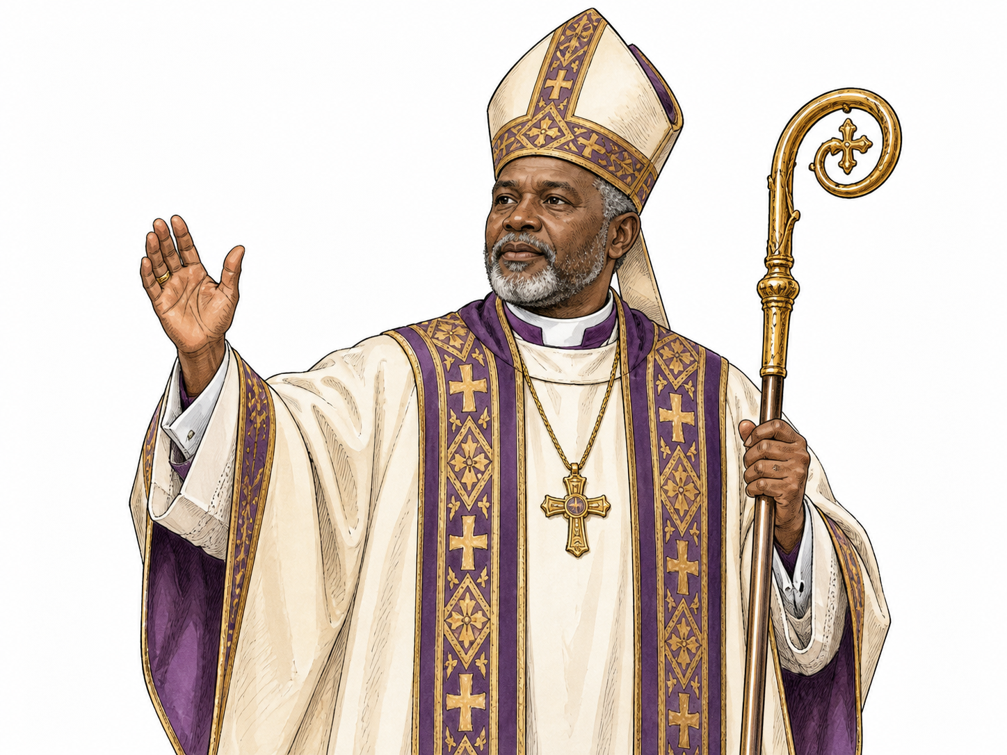 Black Christian bishop in mitre and robes holding pastoral crozier.