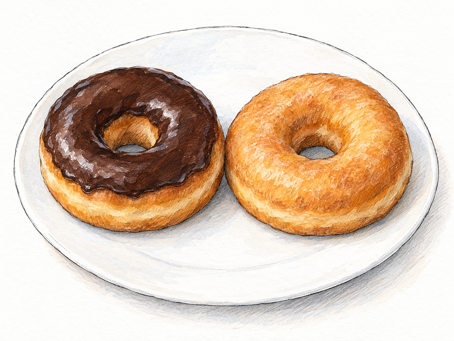 Two otherwise similar ring doughnuts sit side by side: one with chocolate icing and one plain, sans icing.