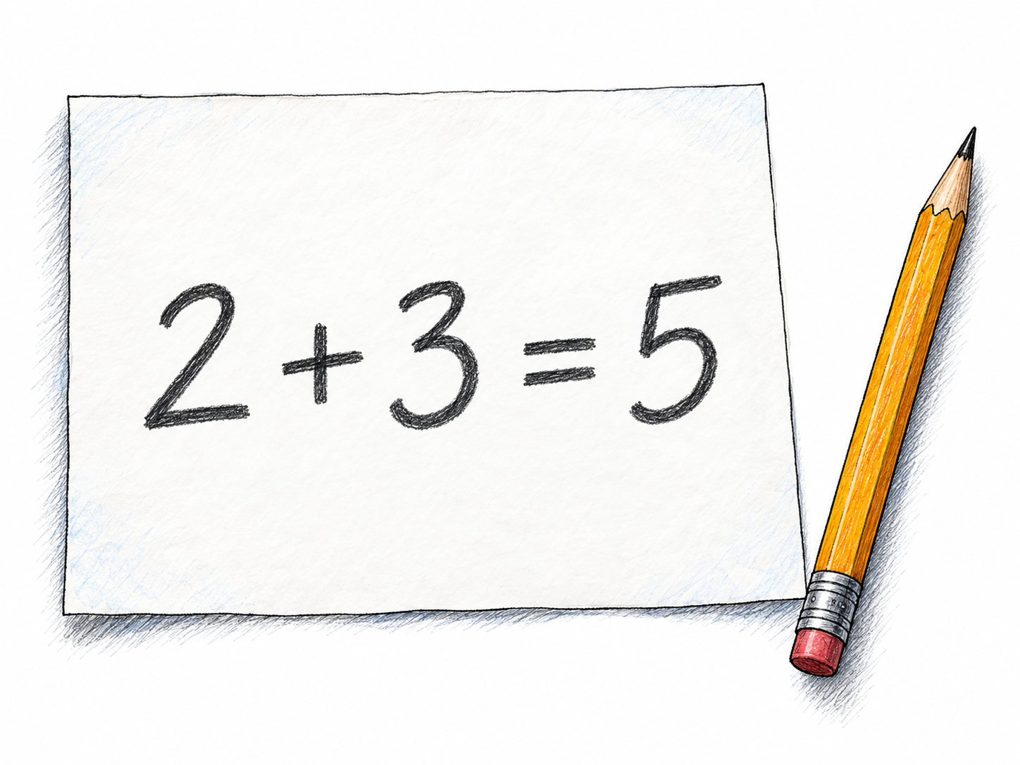 A simple unruled sheet of paper bearing the single large handwritten mathematical statement “2 + 3 = 5,” with an ordinary pencil beside it.