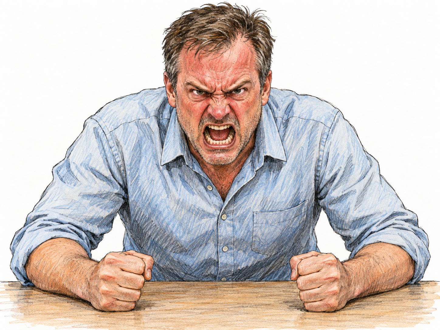 A visibly furious man leans over a plain table with both fists planted on it, face flushed, brows sharply knitted and mouth open in an angry roar.