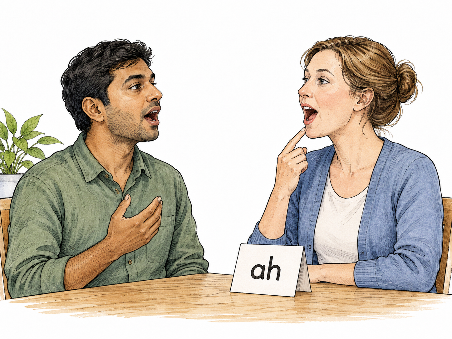 A language learner carefully says a short vowel sound while teacher models mouth shape.