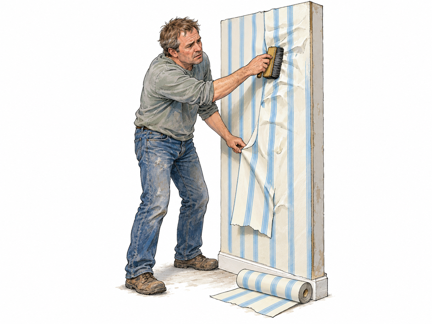 A man botches a wallpapering job: he presses a new strip over the previous strip at a crooked angle, leaving conspicuous wrinkles, trapped bubbles, and a badly mismatched simple pattern.