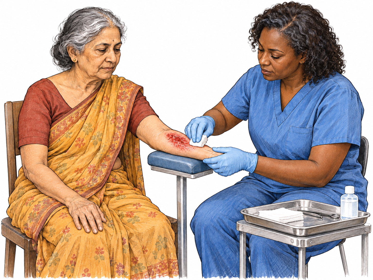 An older woman calmly holds still while a nurse dresses a visibly painful scraped forearm, contrasting evident injury with composed posture and expression.