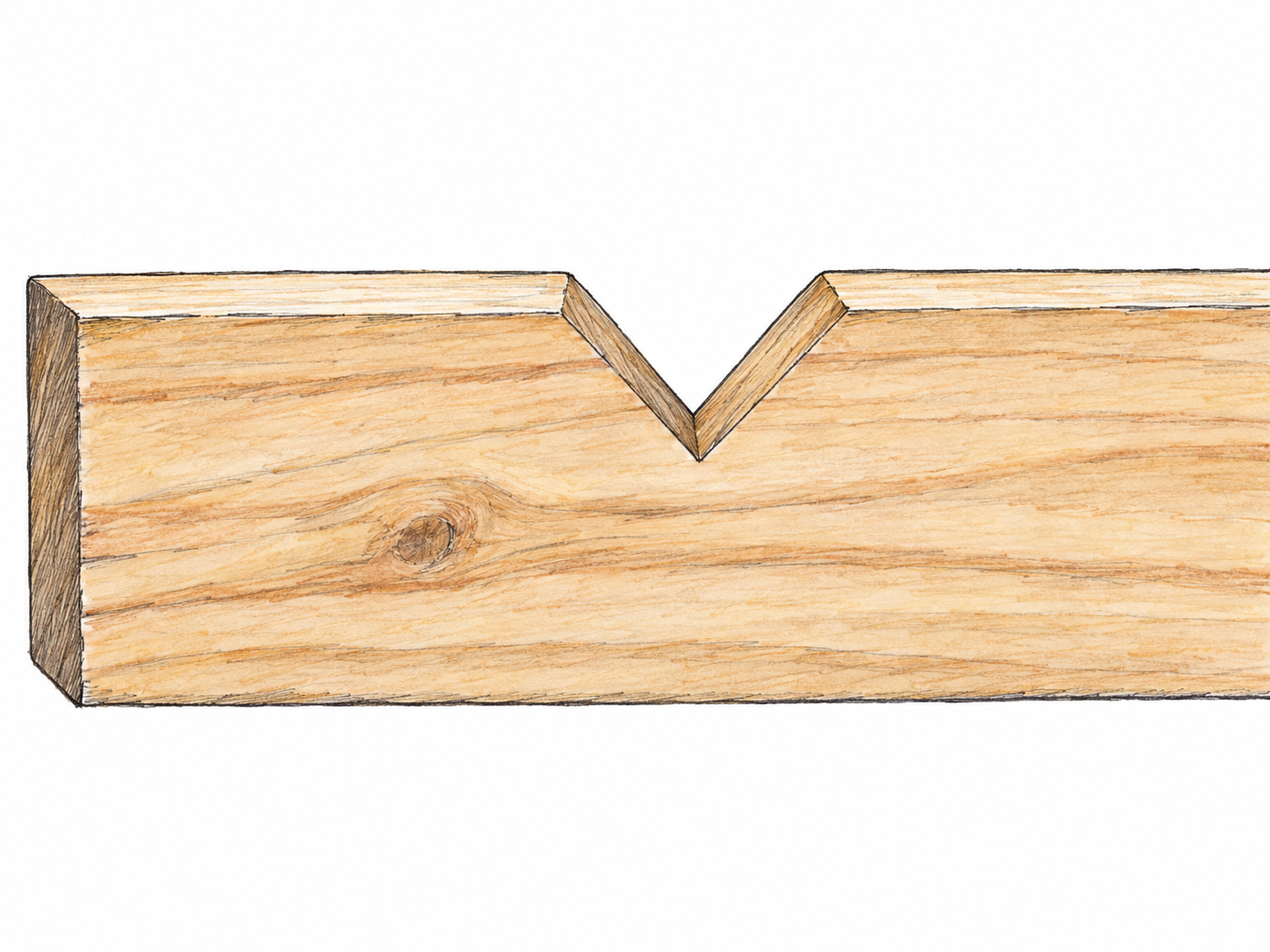 A close view of a plain wooden slat with one crisp V-shaped cut in its otherwise straight upper edge.