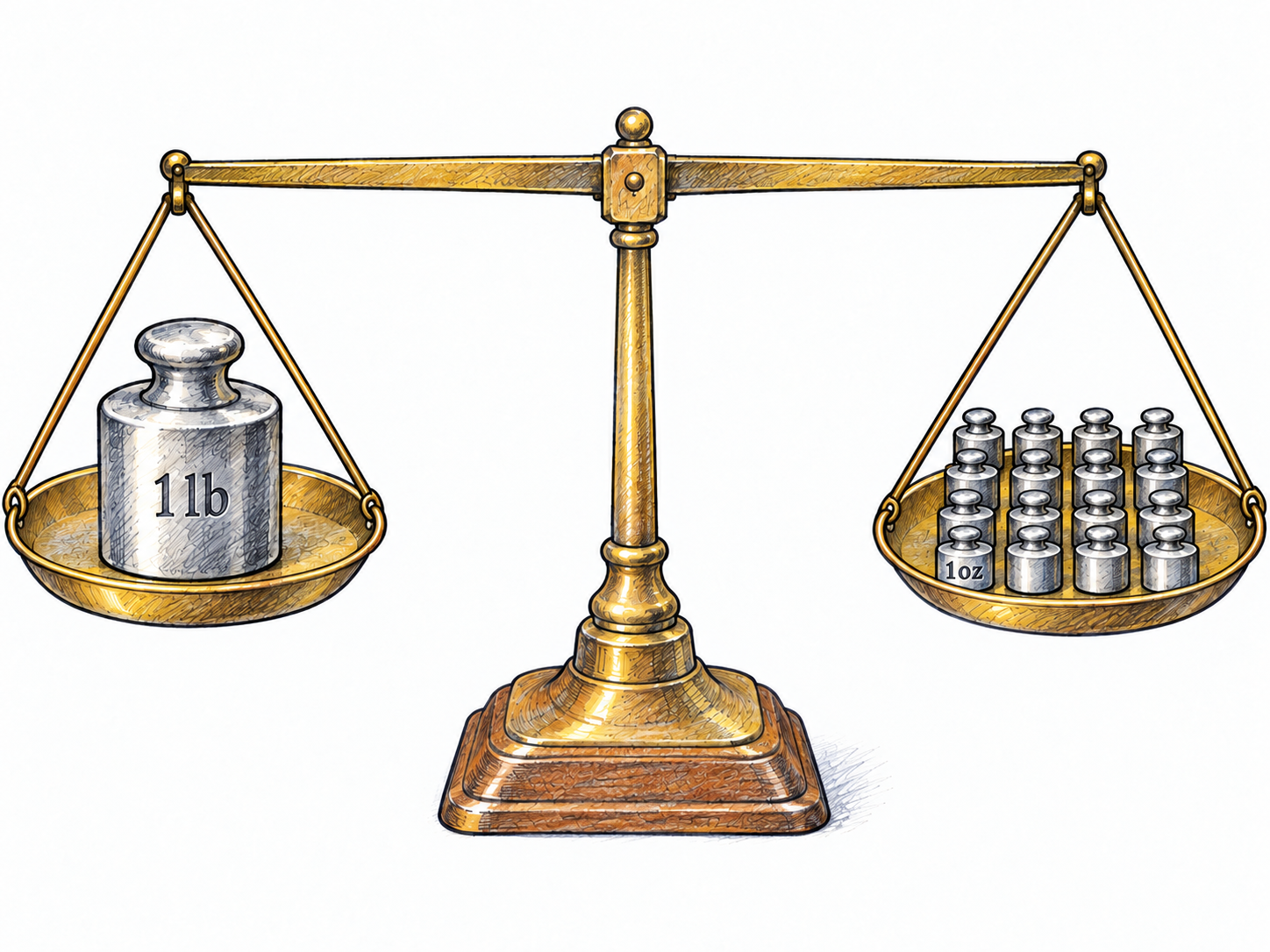 A level balance compares one pound with sixteen identical one-ounce weights, making the fractional relationship visible.