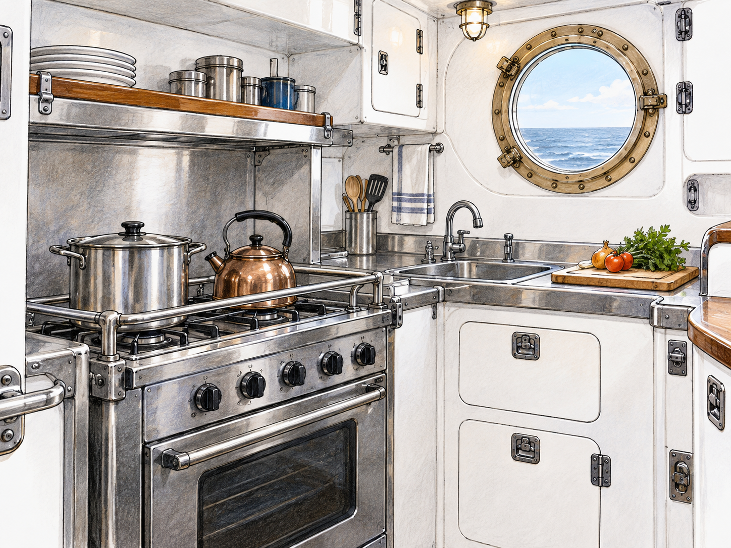 Compact ship galley with stainless stove secured with pot rails, small sink, storage latches and round porthole; clean practical kitchen, white surroundings, no labels.